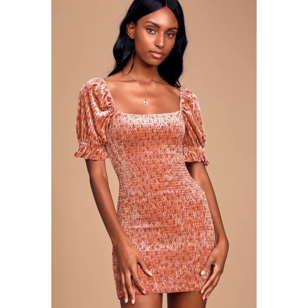 Lulu's Smocked Mini Dress in Size Small Chic Rusty Rose Velour $65